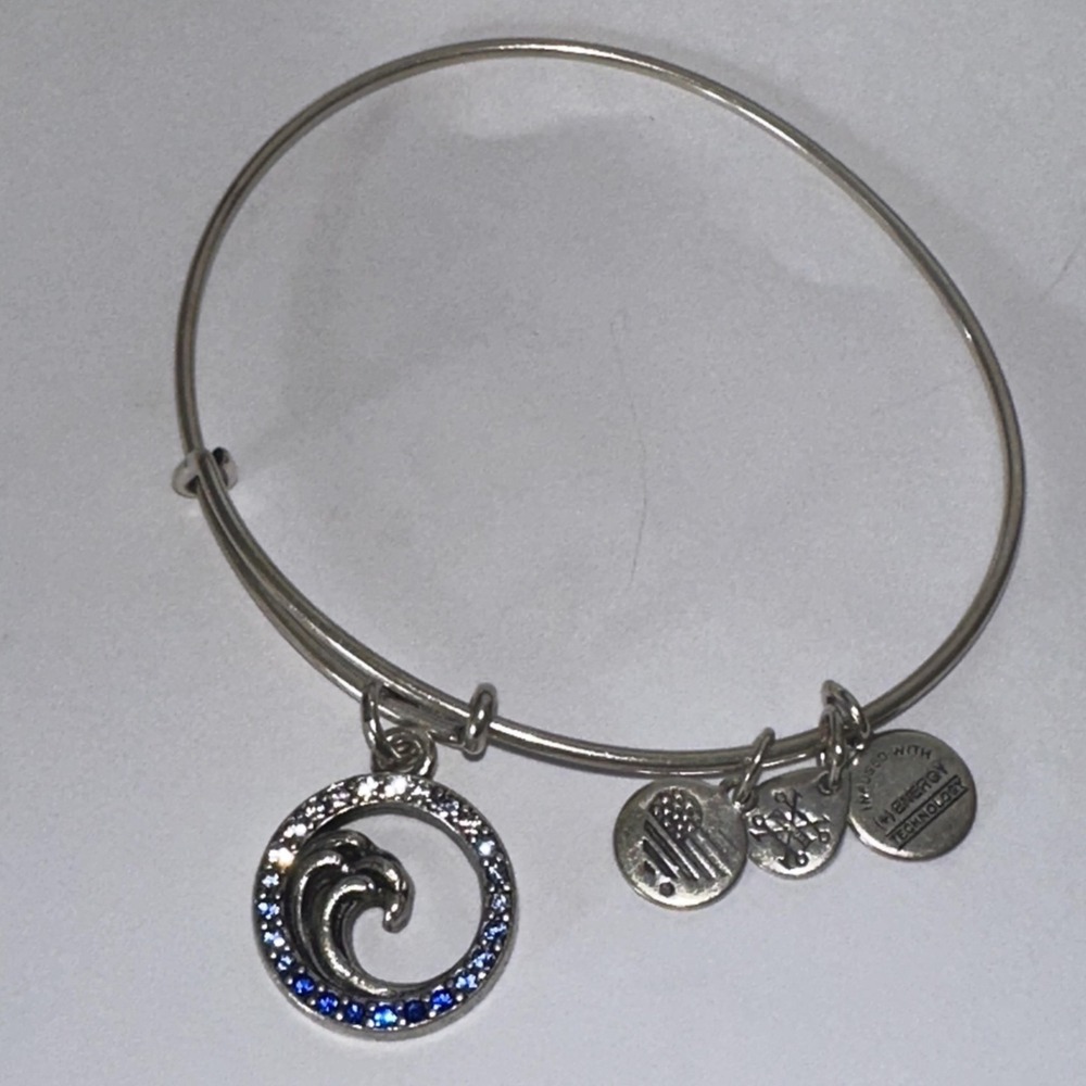 Alex And Ani 2019 Silver Blue Crystal Wave Charm Bangle Bracelet Adjustable Boho